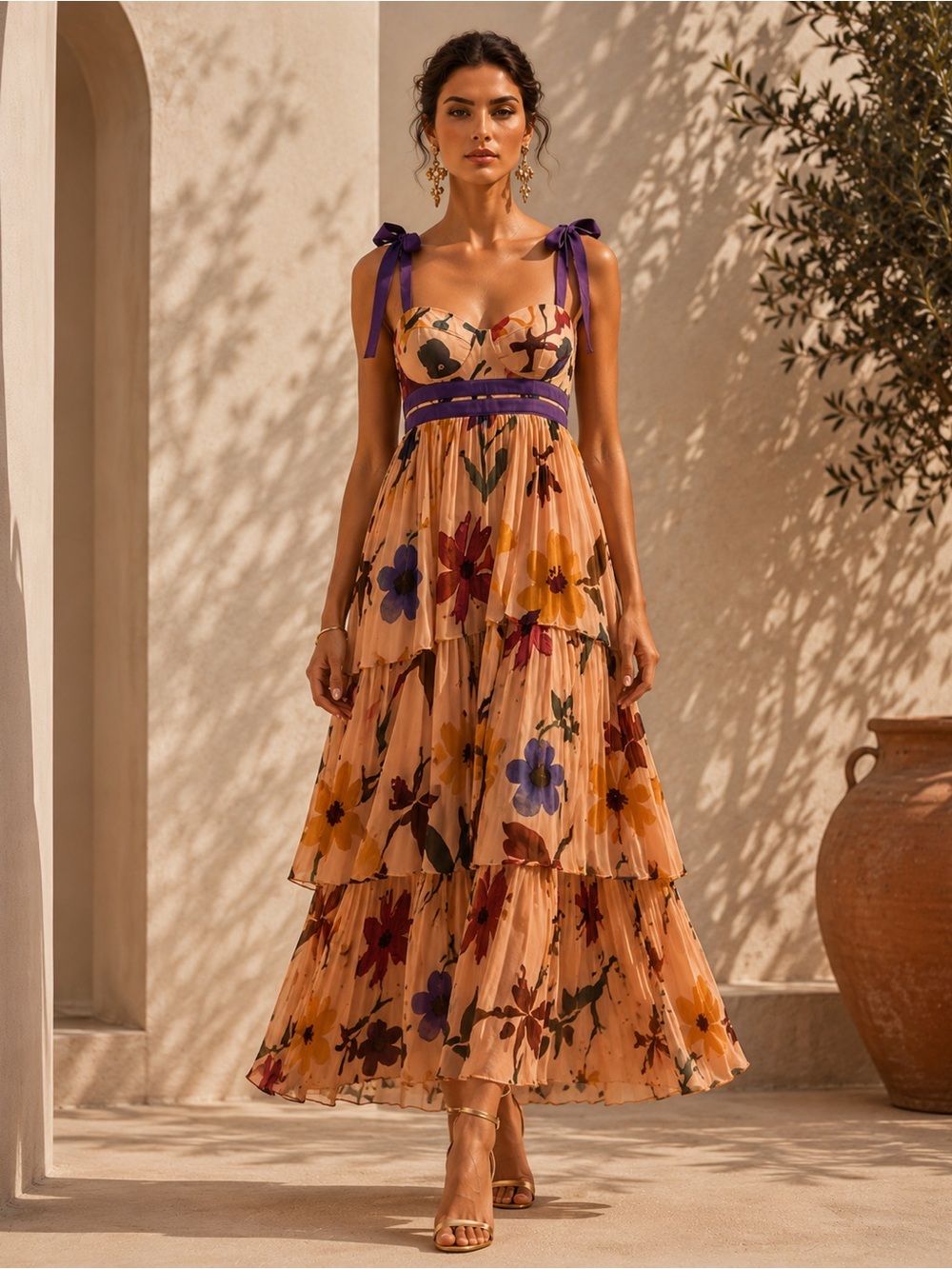 NWOT: Floral Tiered Tie-Shoulder Midi Dress